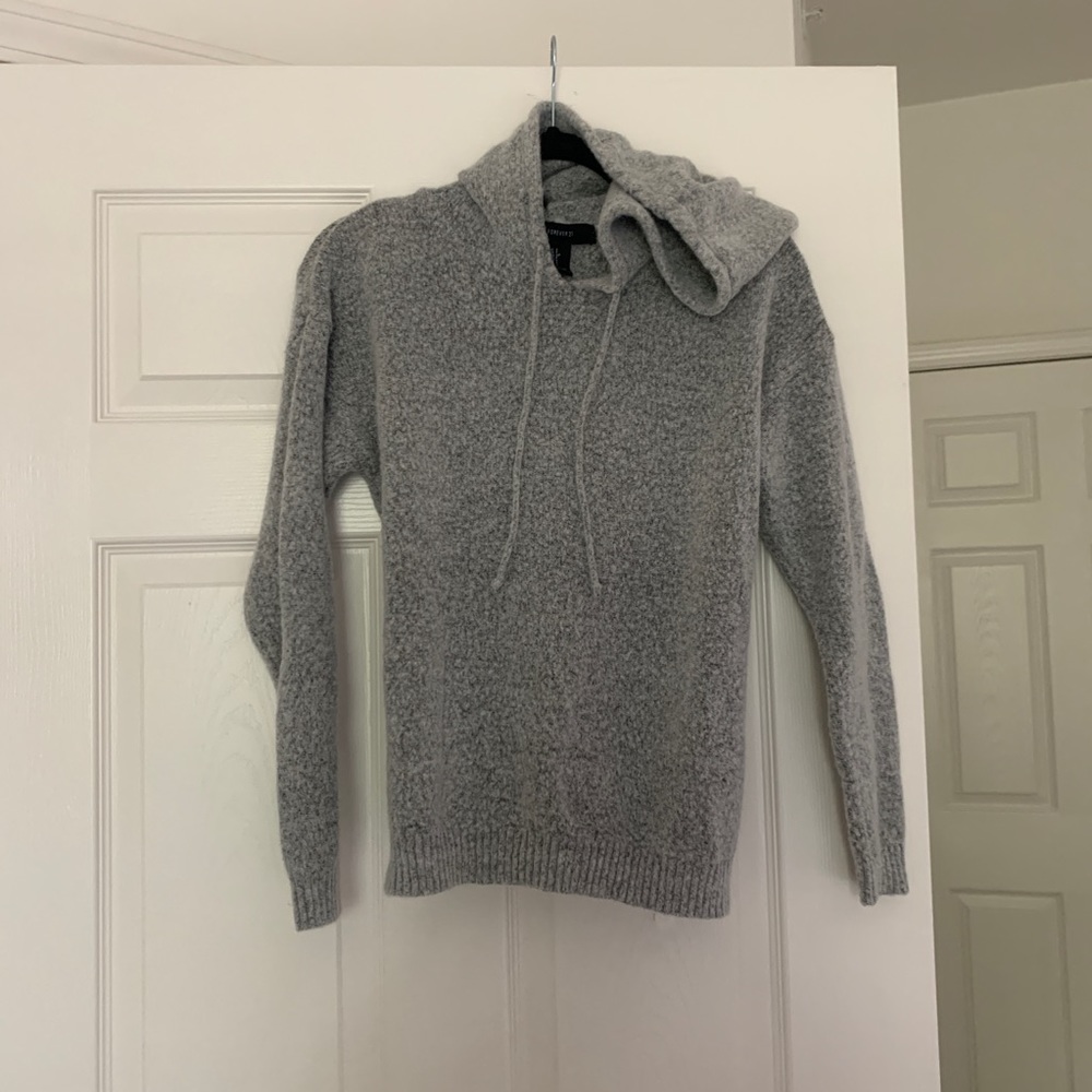 Fuzzy Grey Hoodie with High-Low Slit Hem